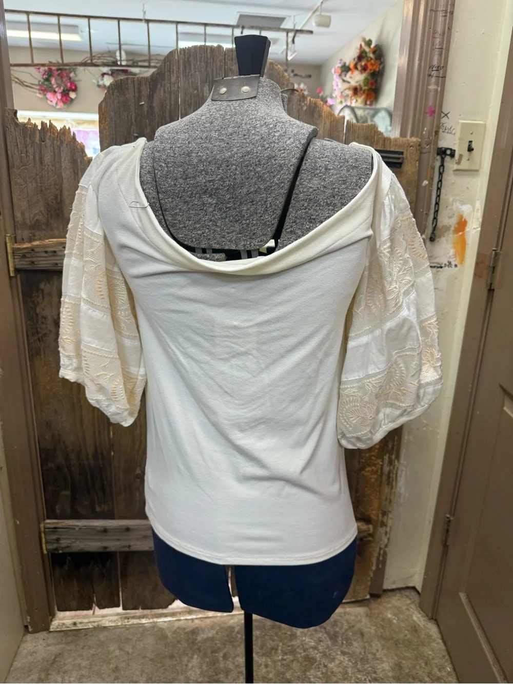 Free People Cream Lace Puff Sleeve Cowl Neck Top
